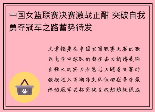 中国女篮联赛决赛激战正酣 突破自我勇夺冠军之路蓄势待发