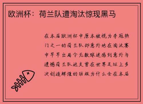 欧洲杯：荷兰队遭淘汰惊现黑马
